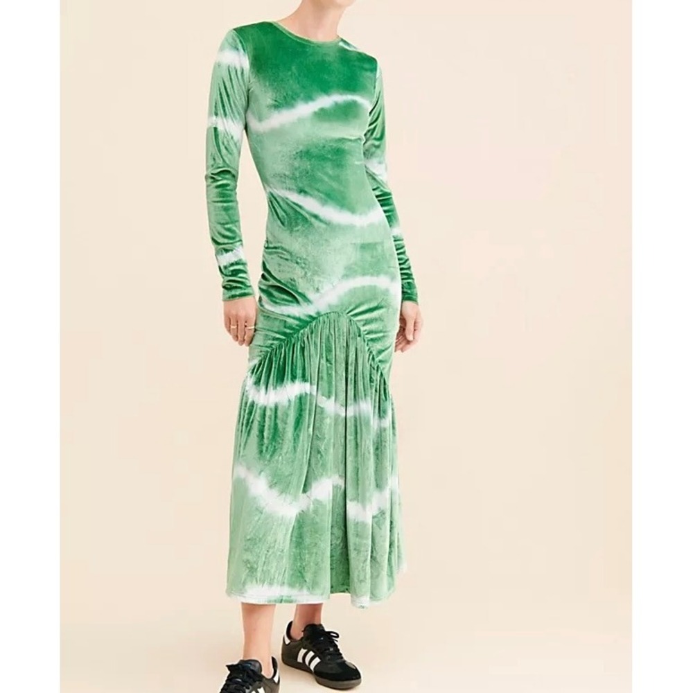 Norblack Norwhite Icey Aurora Gathered Dress Green Velvet Tie Dye Maxi Size XL